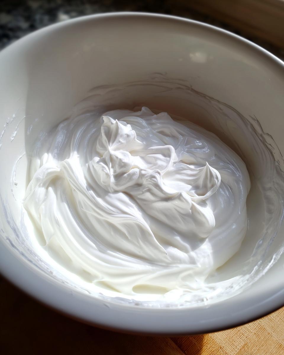 Close-up of thick, glossy white royal icing recipe mixture whipped to stiff peaks in a white mixing bowl.
