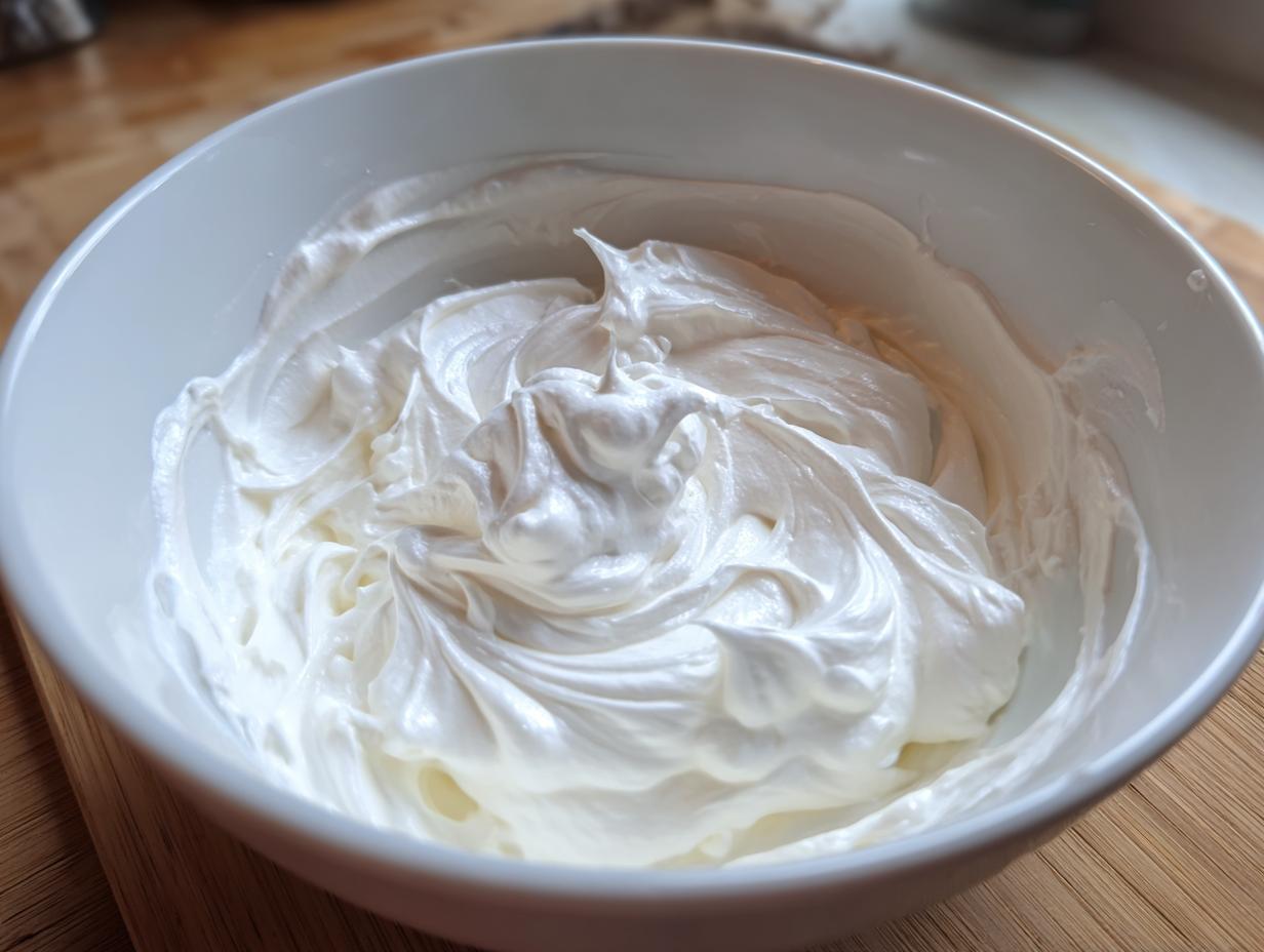 Close-up of thick, glossy white royal icing recipe mixture whipped to stiff peaks in a white bowl.