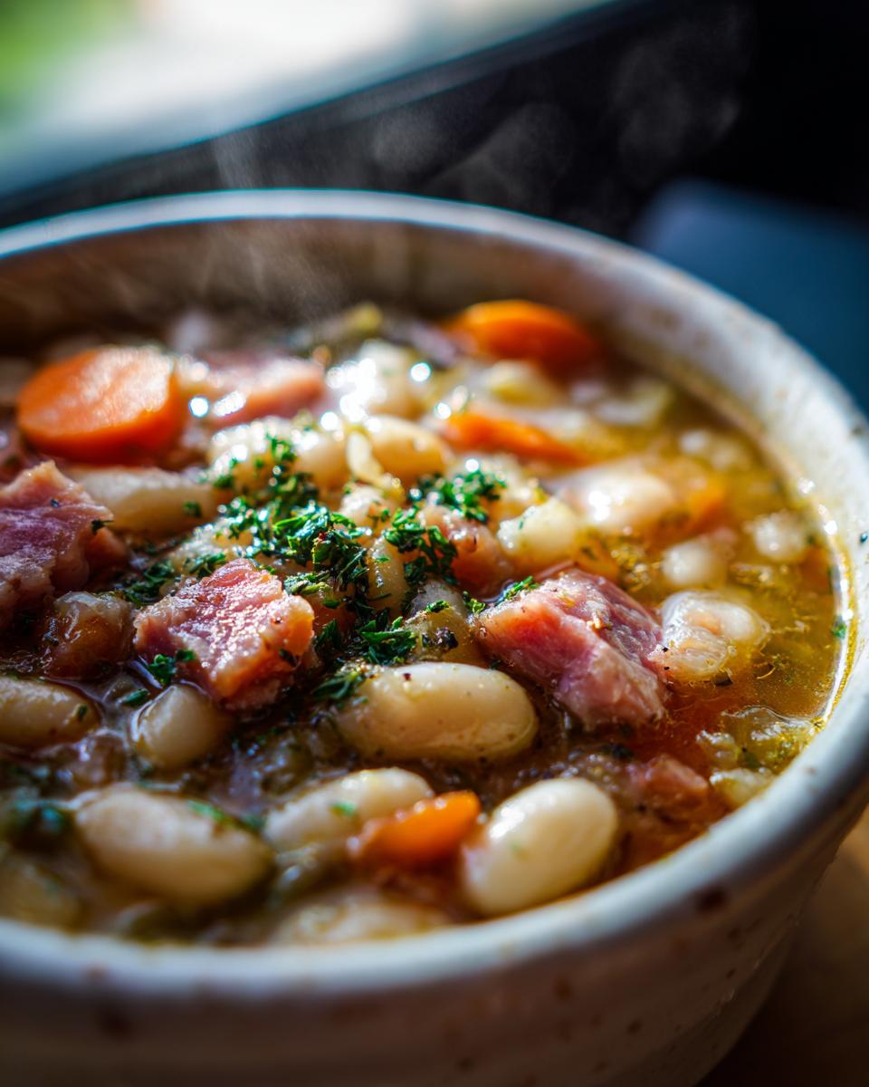 Close-up of a steaming bowl of white bean and ham soup, with visible chunks of ham, white beans, and carrots, garnished with parsley.