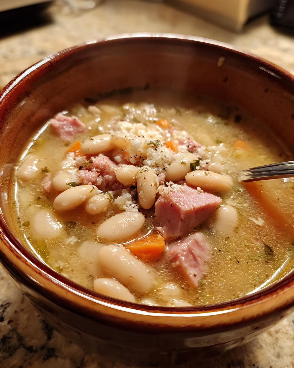 A close-up of a steaming bowl of white bean and ham soup, with visible chunks of ham, white beans, and carrots.