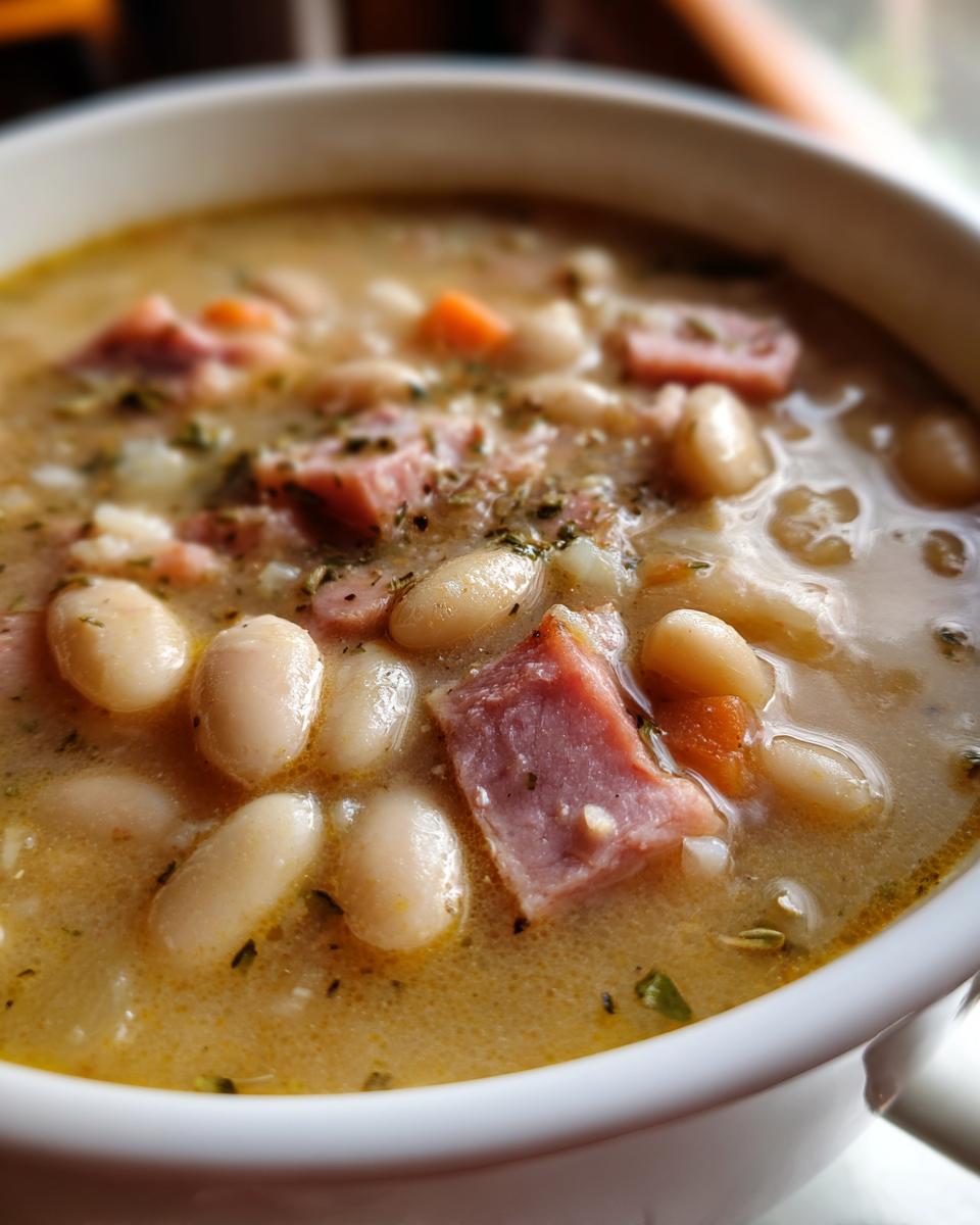 A close-up of a bowl of white bean and ham soup, showing tender white beans, chunks of ham, and diced carrots in a savory broth.