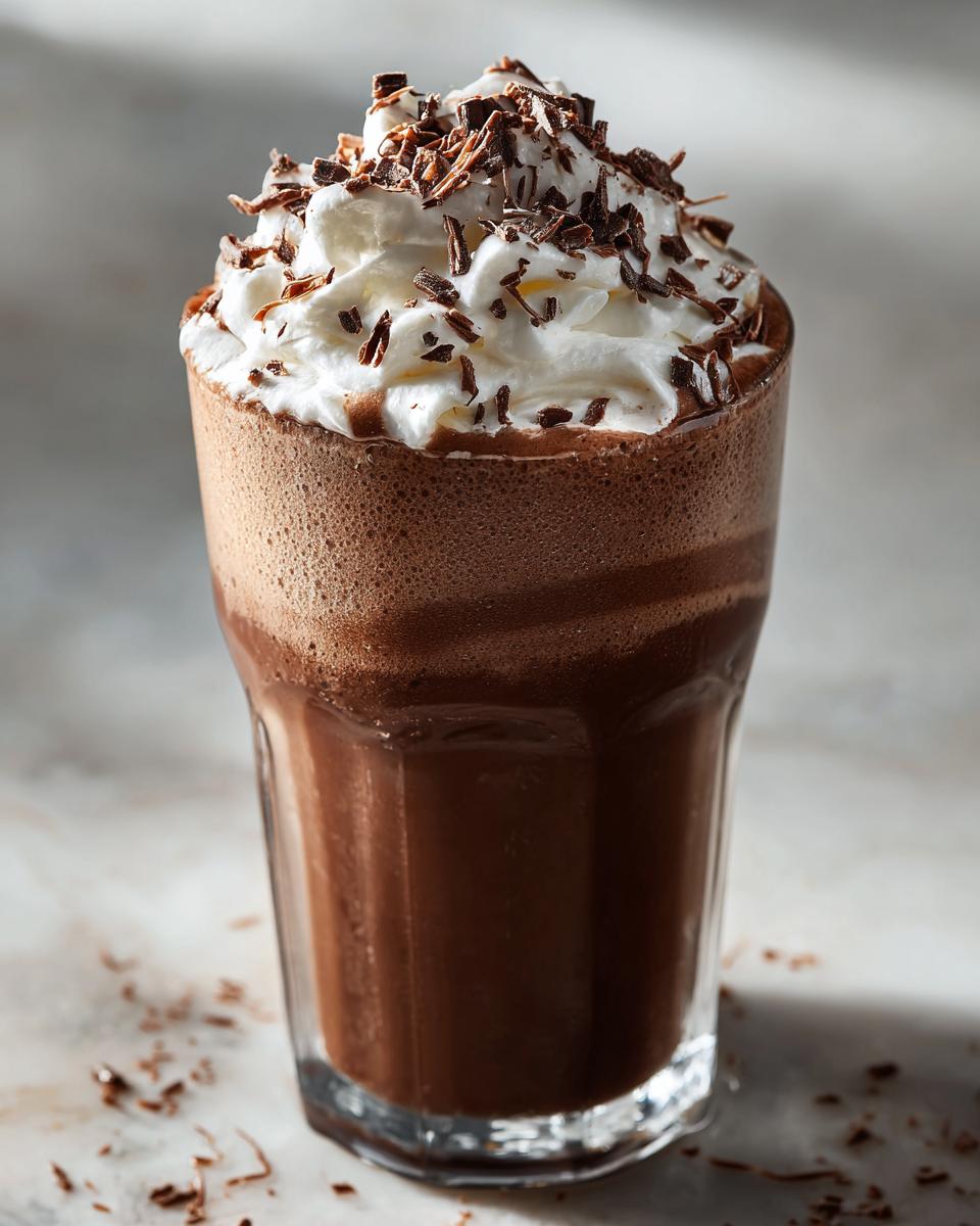 A tall glass filled with rich, blended frozen hot chocolate topped with whipped cream and chocolate shavings.