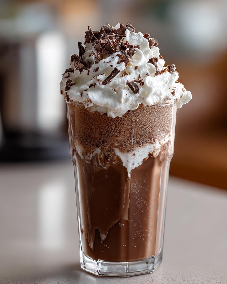 A tall glass filled with rich, blended frozen hot chocolate topped with whipped cream and chocolate shavings.