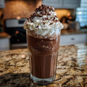 A tall glass filled with blended frozen hot chocolate, topped with whipped cream and chocolate shavings.