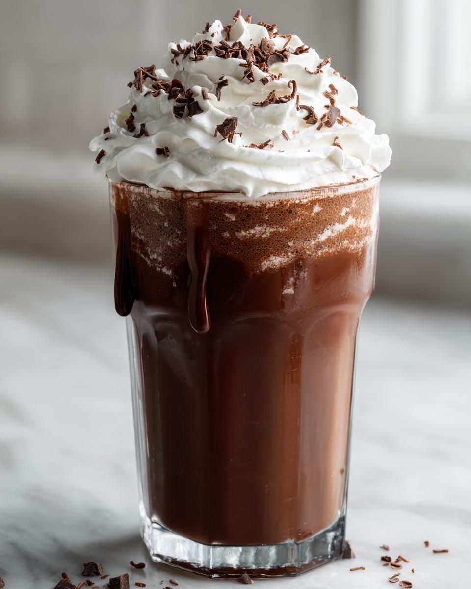 A tall glass filled with rich, blended frozen hot chocolate topped with whipped cream and chocolate shavings.