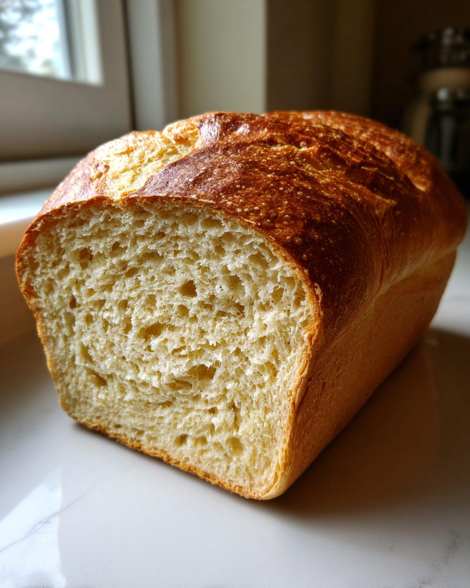 Close-up of a freshly baked loaf of beer bread, showing a golden, crackled crust and a soft, airy interior crumb.