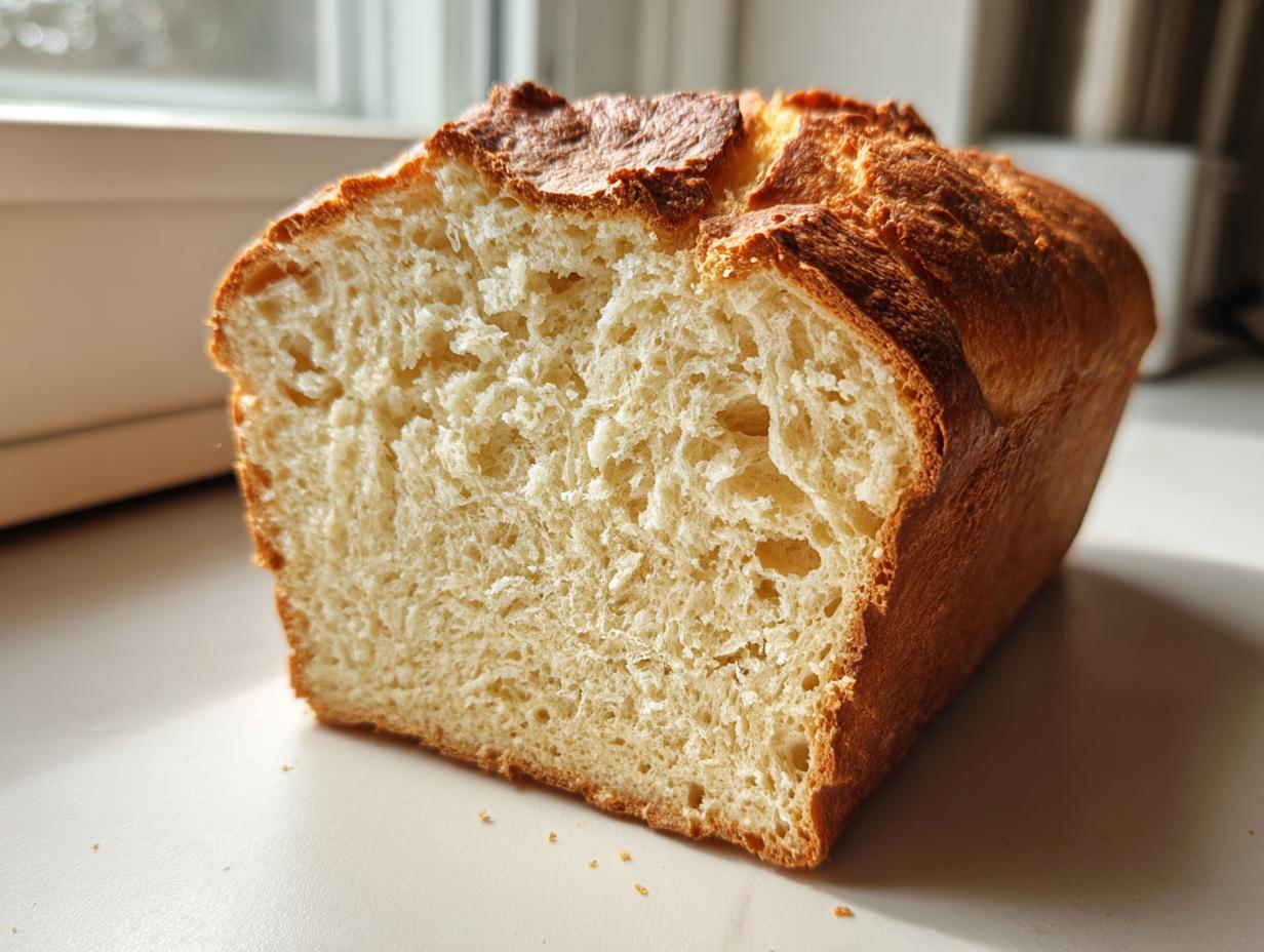 Cross-section of a golden-crusted beer bread loaf showing a soft, airy interior crumb structure.