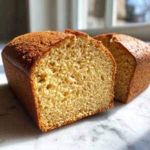 A loaf of golden brown beer bread sliced in half, showing the moist, airy crumb texture.