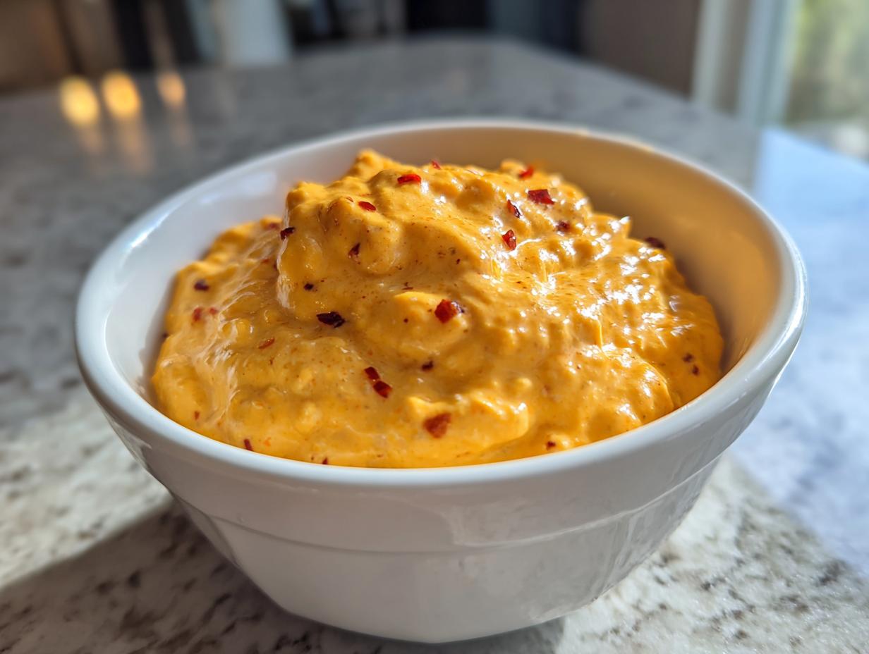 Close-up of bright orange, creamy cottage cheese queso topped with red pepper flakes in a white bowl.