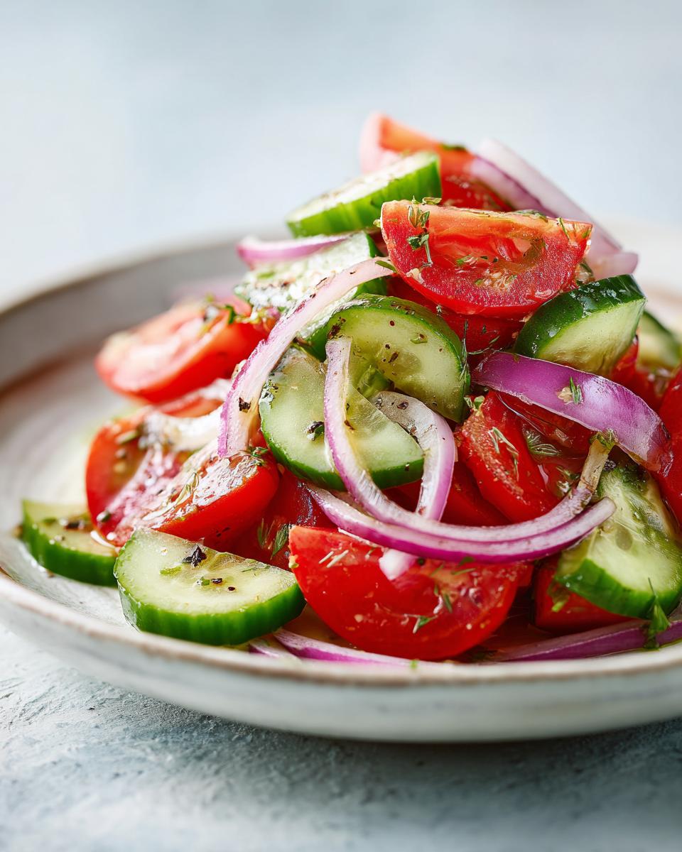 Close-up of a vibrant cucumber tomato salad featuring sliced tomatoes, cucumbers, and red onion rings, seasoned with herbs.