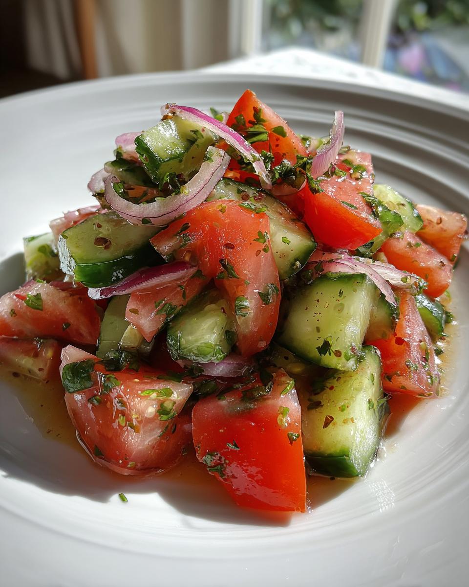 Close-up of a vibrant cucumber tomato salad mixed with red onion slices and herbs in a light vinaigrette.