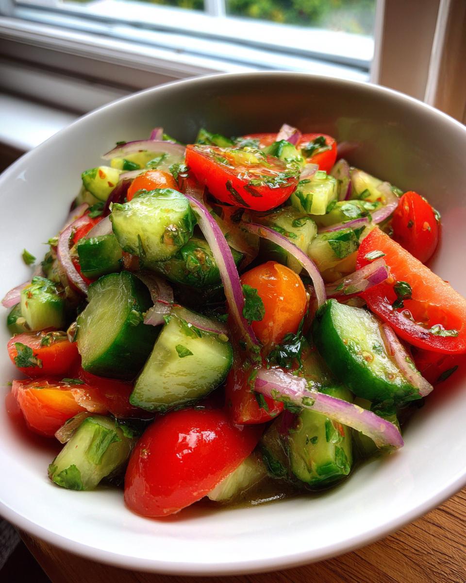A vibrant close-up of a fresh cucumber tomato salad with red onion slices, glistening with dressing.