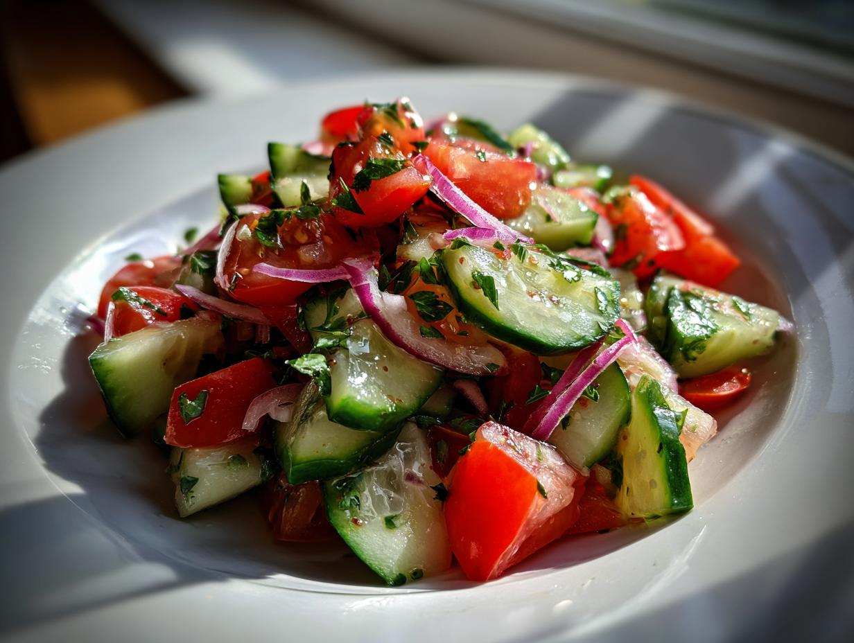 Close-up of a vibrant cucumber tomato salad featuring chunks of fresh cucumber, red tomatoes, and slivers of red onion.
