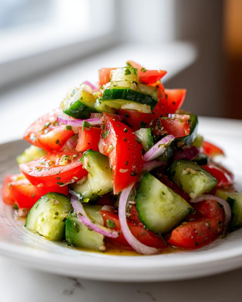 Close-up of a vibrant cucumber tomato salad featuring chopped tomatoes, cucumbers, and red onion slices tossed in dressing.