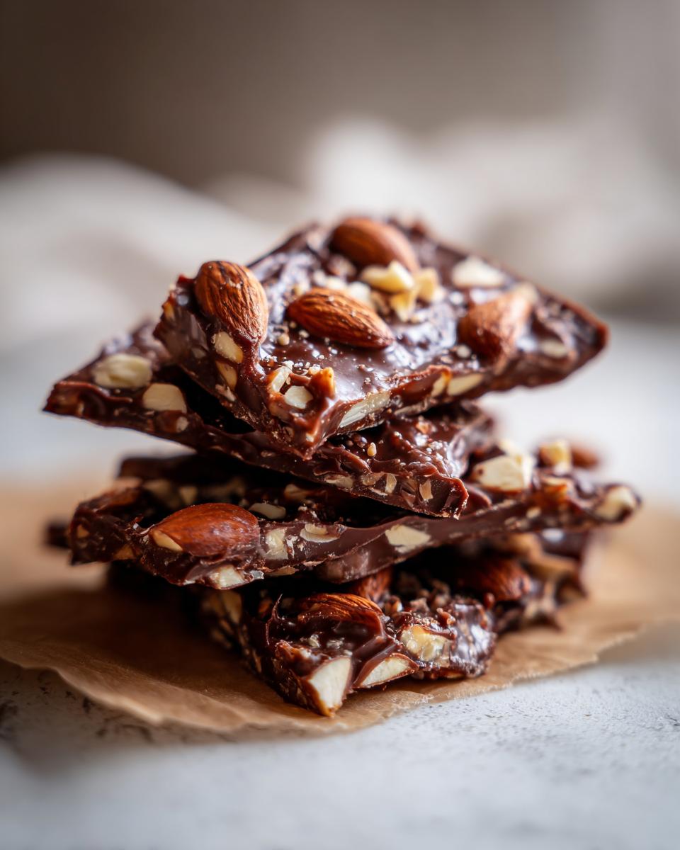 Stack of dark chocolate almond bark pieces, likely a variation of the toffee recipe, resting on brown parchment paper.