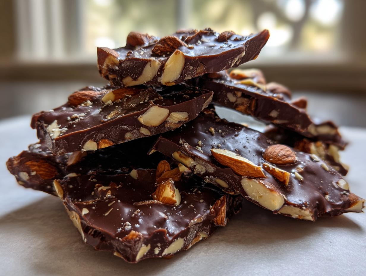 Stack of broken pieces of dark chocolate almond toffee recipe, sprinkled with sea salt.