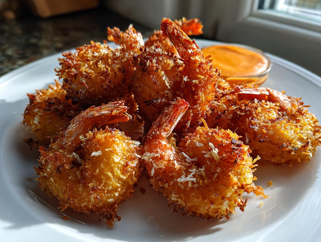 A pile of perfectly golden and crispy coconut shrimp served on a white plate with a side of dipping sauce.