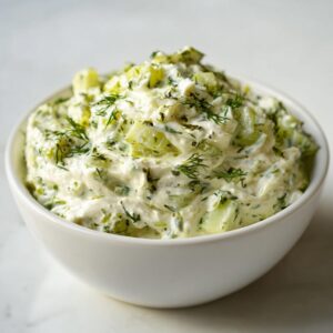 Close-up of a creamy, chunky pickle dip topped with fresh dill in a white bowl.