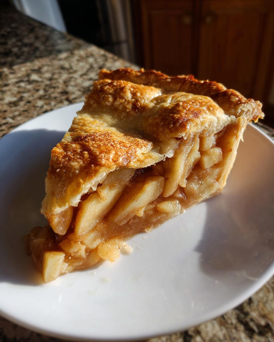 A close-up slice of amazing apple pie recipe showing thick apple filling and golden, flaky crust.