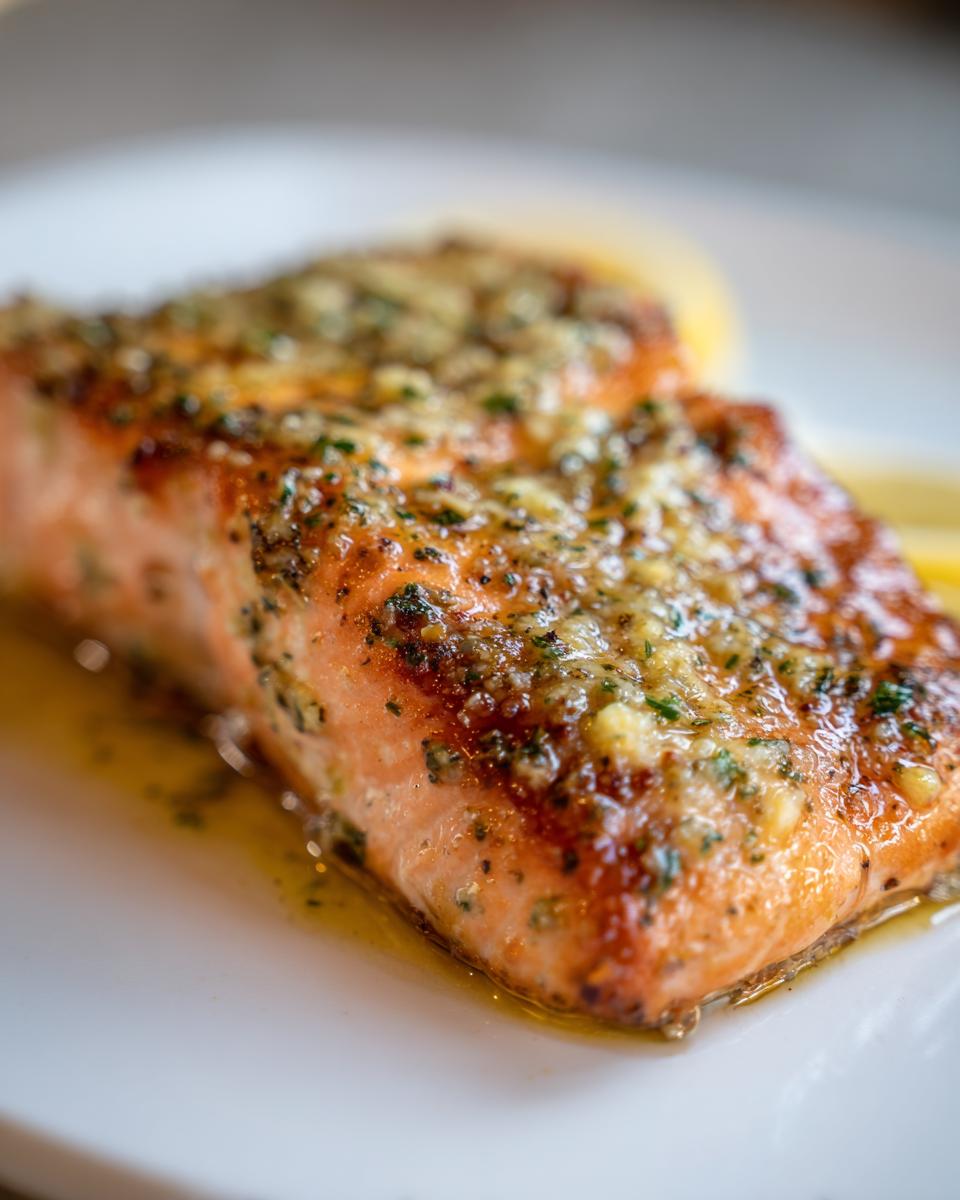 Close-up of a moist, flaky baked salmon recipe fillet topped with garlic, herbs, and butter sauce.