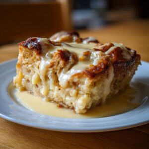 A close-up of a moist slice of bread pudding topped with creamy vanilla sauce, served on a white plate.