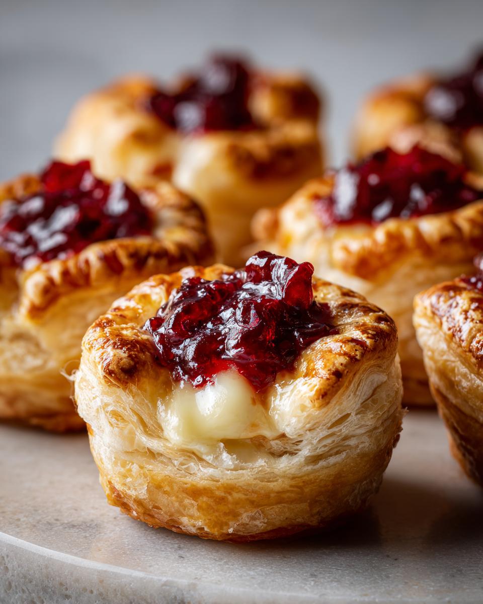Close-up of warm, flaky puff pastry brie bites filled with melted brie and topped with dark red fruit jam.