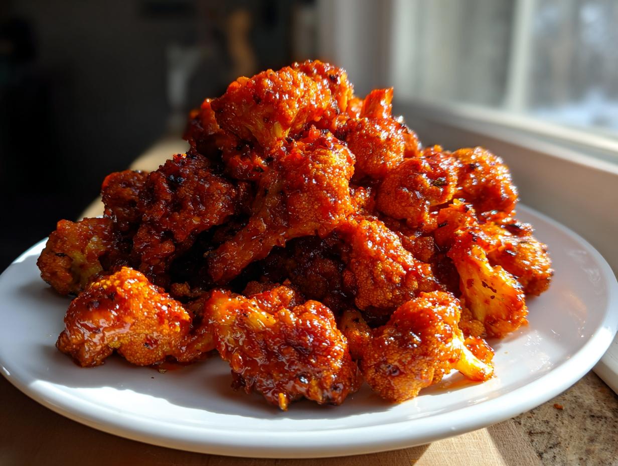 A mound of glossy, bright orange buffalo cauliflower florets piled high on a white plate.