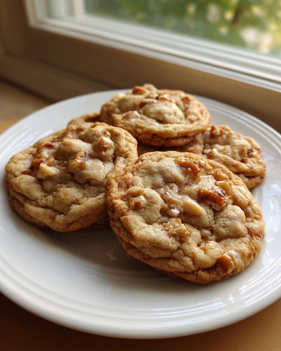 A stack of five chewy butter pecan cookies with visible nuts, resting on a white plate near a window.