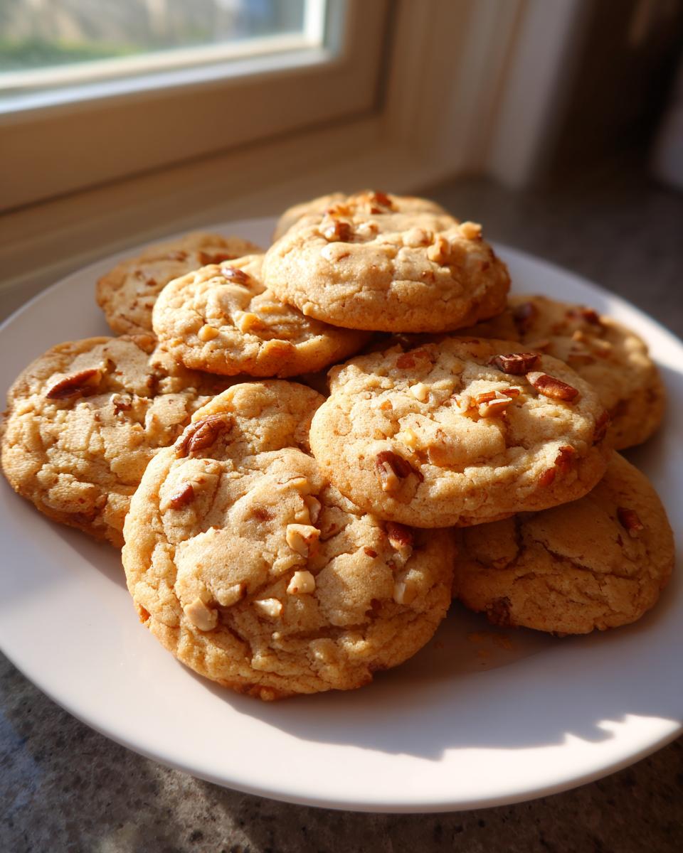 A stack of golden brown butter pecan cookies topped with chopped pecans, sitting on a white plate near a window.