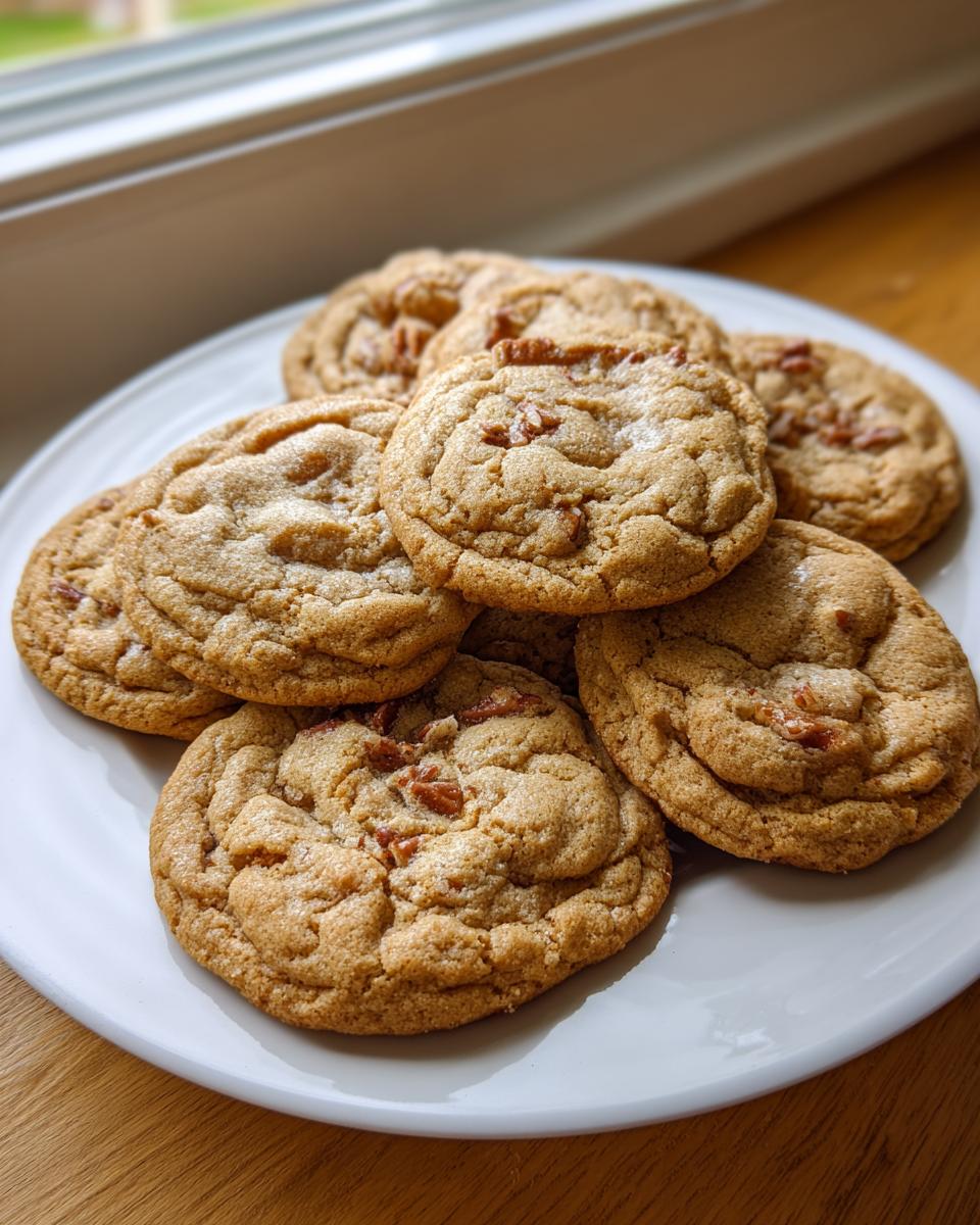 A stack of freshly baked, golden brown butter pecan cookies piled high on a white plate near a window.