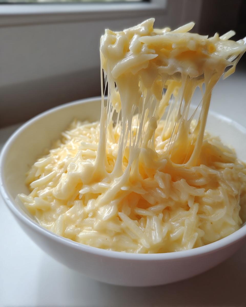 A spoonful of creamy, cheesy rice showing long, stretchy strings of melted cheese pull.