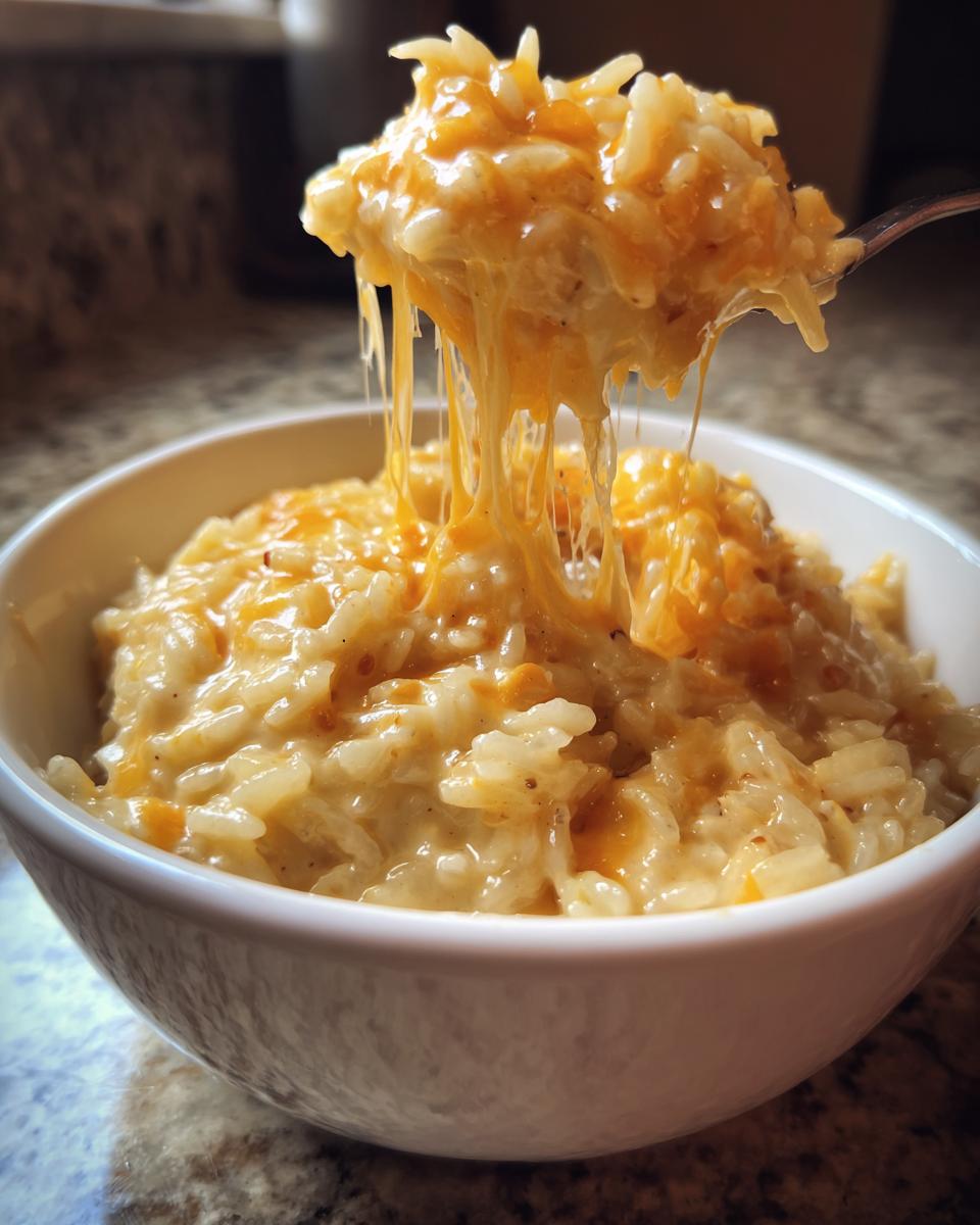 A spoonful of creamy, cheesy rice is lifted from a white bowl, showing a dramatic, gooey cheese pull.