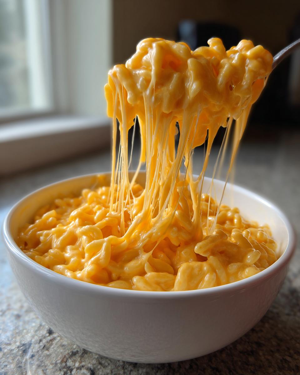 A spoonful of creamy, orange cheesy rice being lifted from a white bowl, showing long, stretchy cheese pulls.