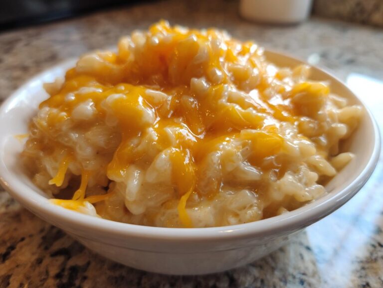 A close-up shot of creamy, comforting cheesy rice topped with melted orange cheddar cheese in a small white bowl.