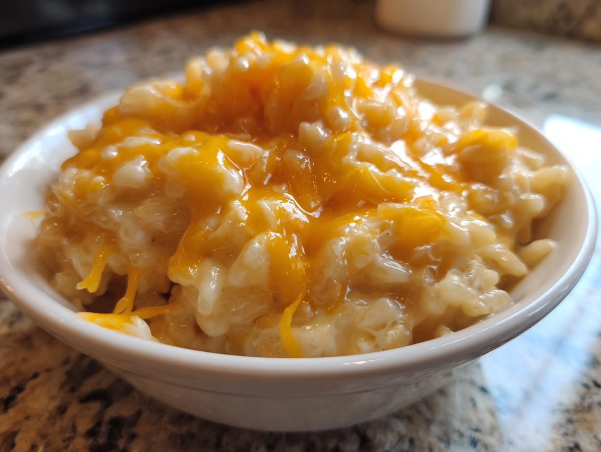 A close-up shot of creamy, comforting cheesy rice topped with melted orange cheddar cheese in a small white bowl.