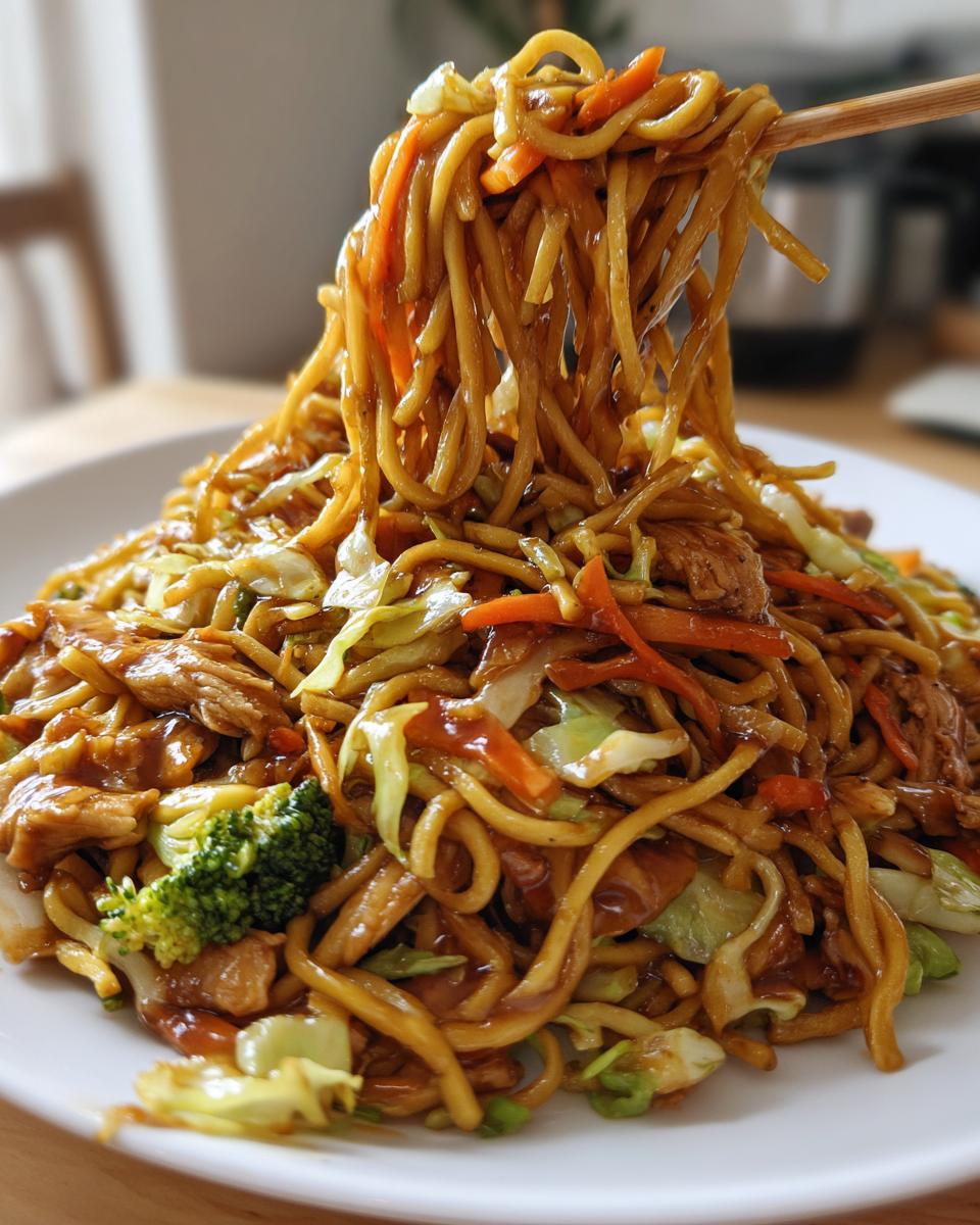 Close-up of a heaping plate of homemade chicken chow mein recipe being lifted high with chopsticks.