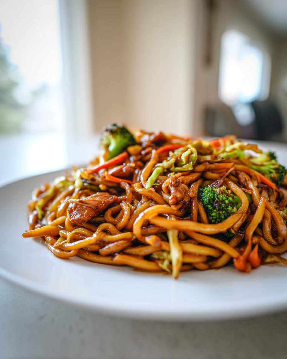 Close-up of a white plate piled high with saucy chicken chow mein recipe, featuring thick noodles, chicken pieces, broccoli, and carrots.