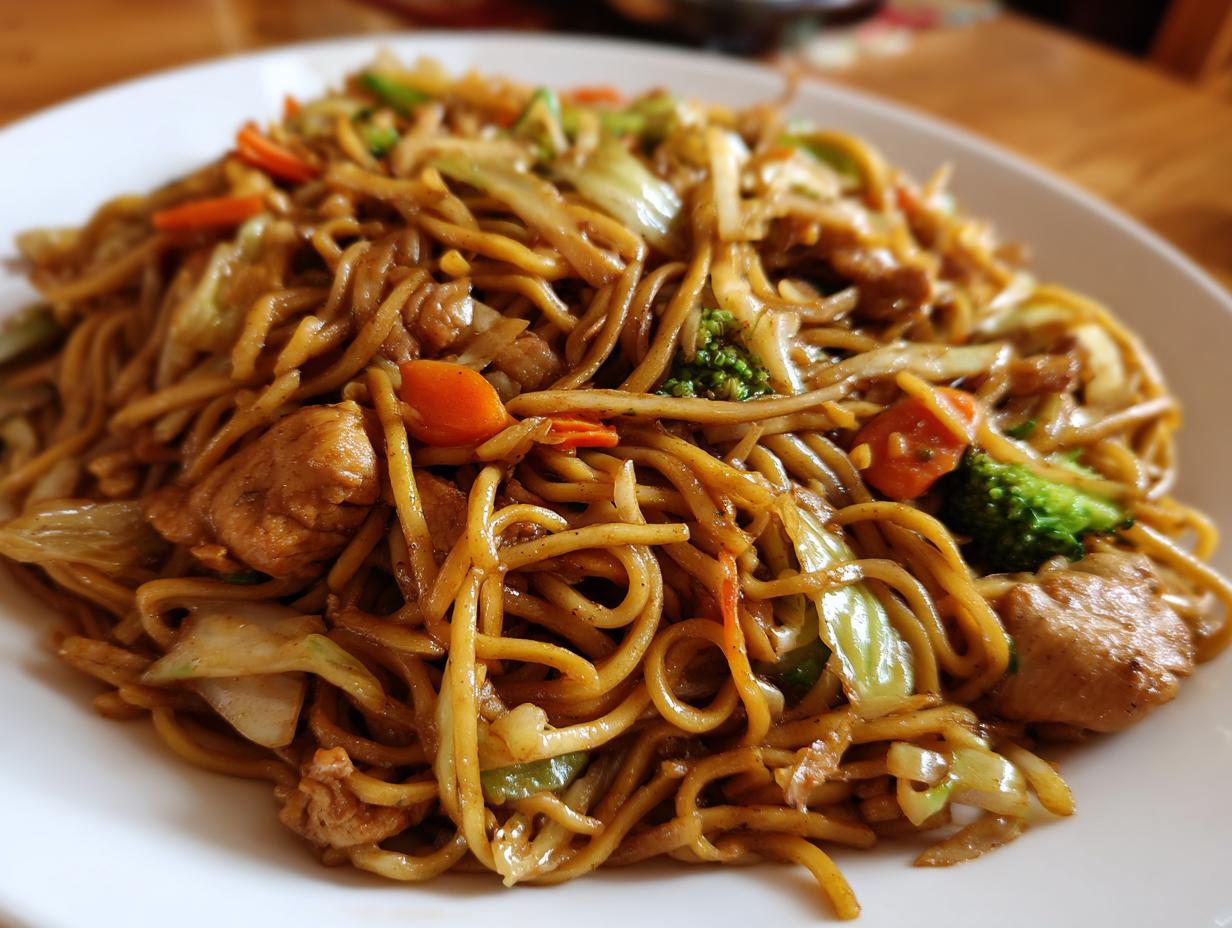 Close-up of a generous serving of homemade chicken chow mein recipe with noodles, chicken pieces, carrots, and broccoli.