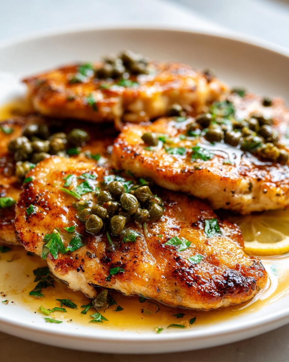 Close-up of pan-seared chicken piccata fillets glistening in lemon sauce, topped generously with capers and fresh parsley.