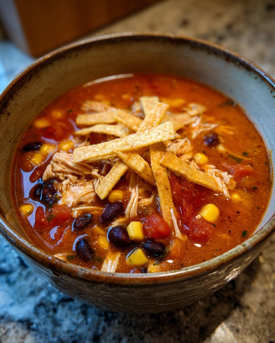 Close-up of a hearty bowl of chicken tortilla soup topped with crispy tortilla strips, black beans, and corn.