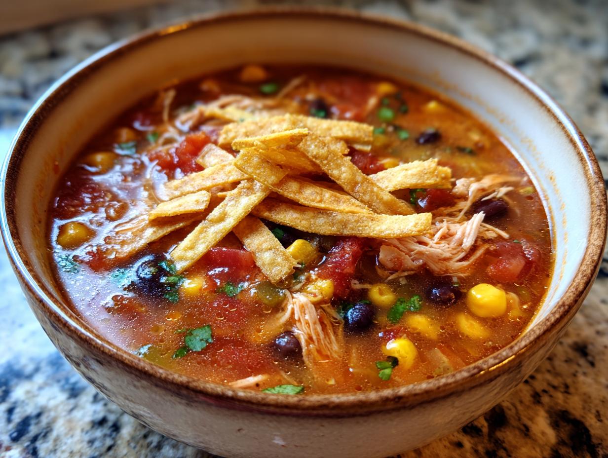 A close-up shot of a hearty bowl of chicken tortilla soup, topped with crispy tortilla strips, beans, and corn.