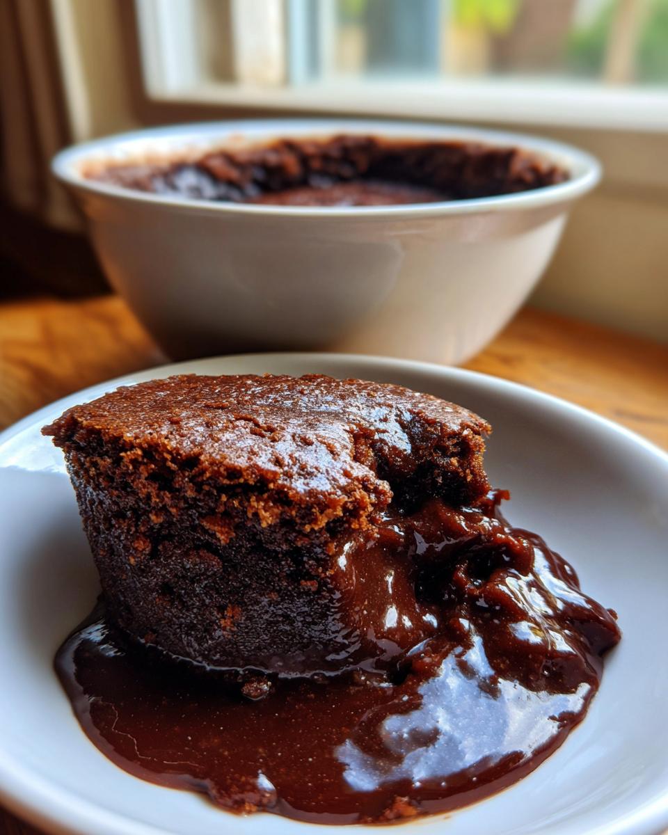 A serving of warm chocolate pudding cake with a rich, molten chocolate sauce oozing out onto the white plate.