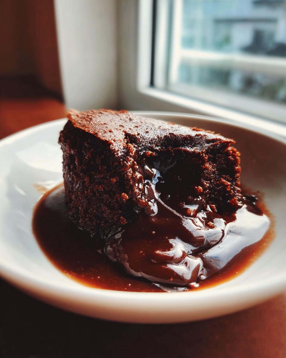 A decadent slice of chocolate pudding cake oozing with rich, dark chocolate sauce in a white bowl.