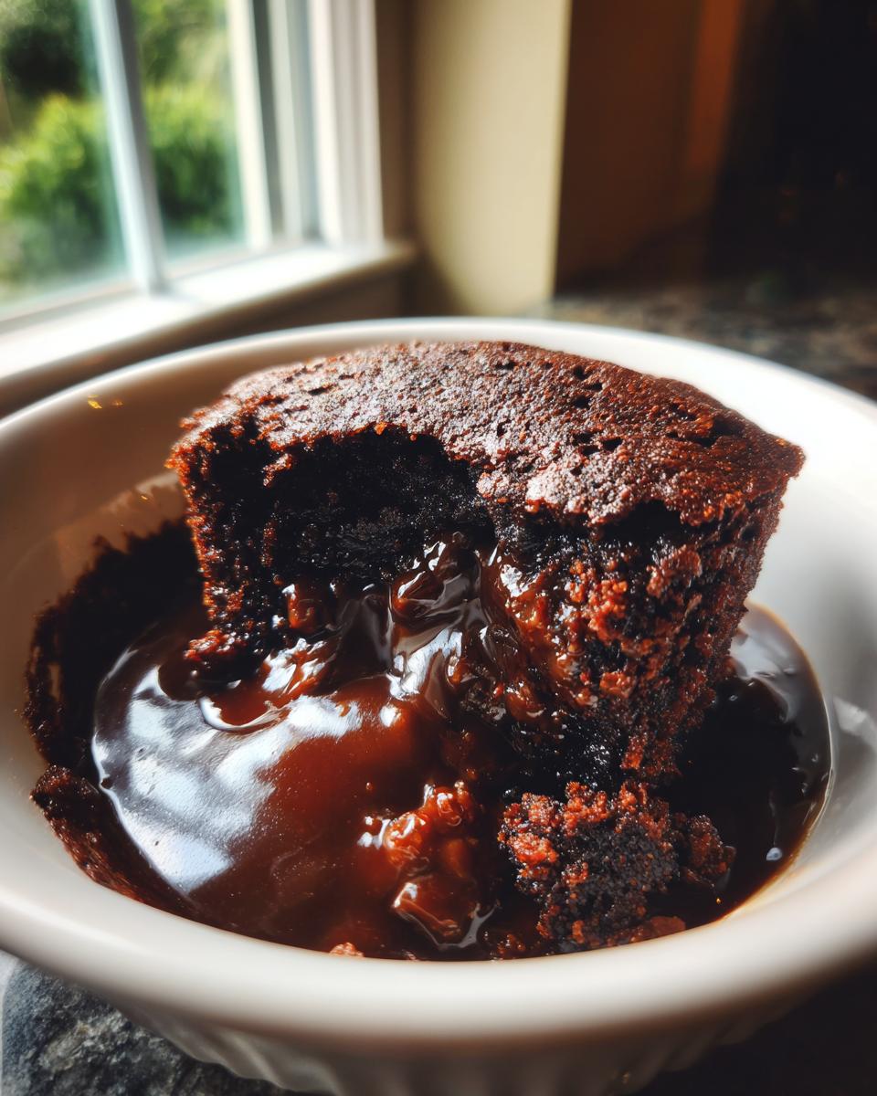 A close-up of a serving of chocolate pudding cake with a rich, molten chocolate sauce pooling around it.