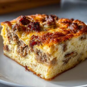 Close-up of a square slice of christmas breakfast casserole with sausage and a golden-brown cheesy top.