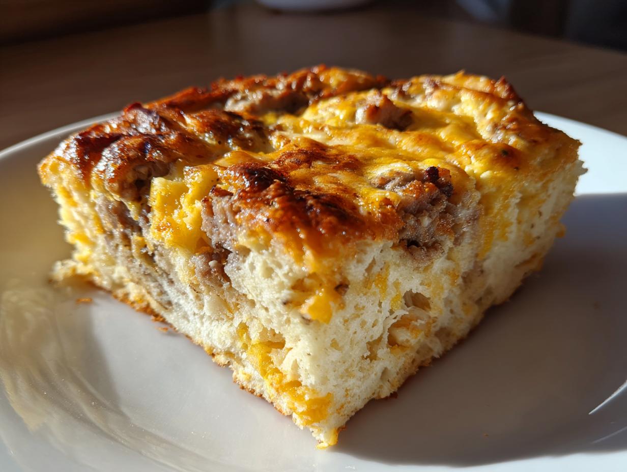 A close-up slice of a fluffy Christmas breakfast casserole featuring sausage and melted, browned cheese.
