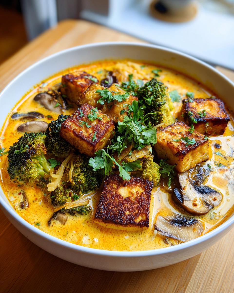 Close-up of a vibrant bowl of amazing coconut curry soup topped with crispy tofu cubes, broccoli florets, and mushrooms.