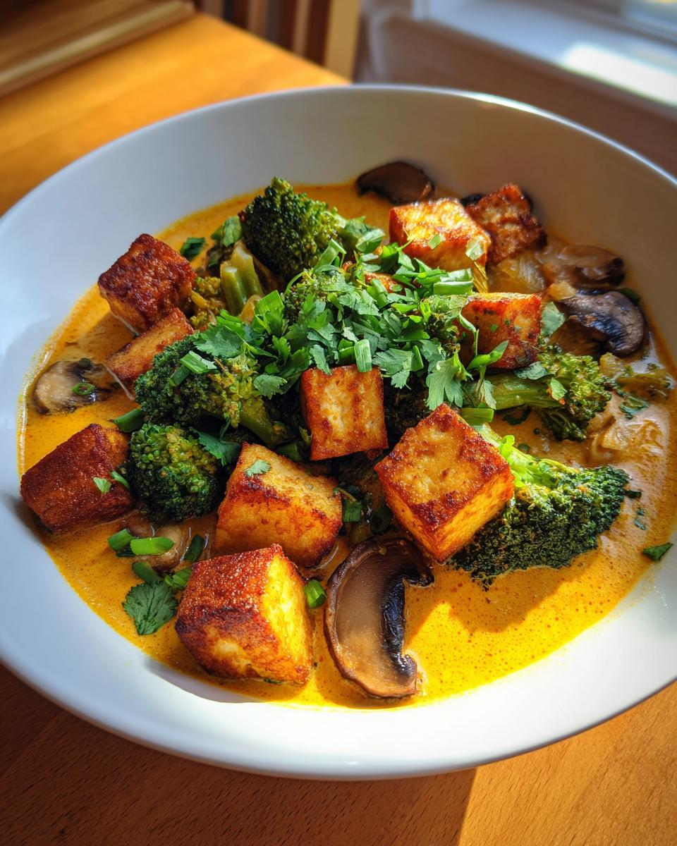 A vibrant bowl of coconut curry soup featuring golden-brown tofu cubes, bright green broccoli florets, sliced mushrooms, and fresh cilantro.