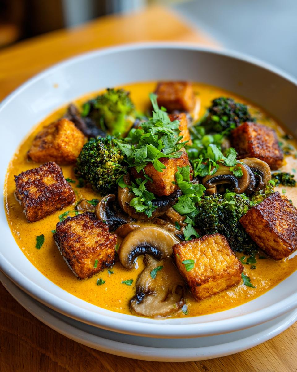 Close-up of amazing coconut curry soup featuring crispy tofu cubes, mushrooms, and broccoli, topped with fresh cilantro.