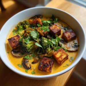 A close-up of a white bowl filled with vibrant orange coconut curry soup, topped with crispy tofu cubes, broccoli, mushrooms, and fresh cilantro.
